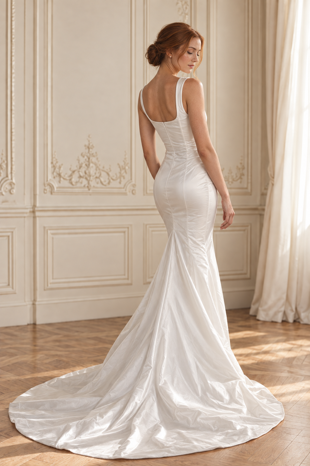 Blanche, robe de mariée à longue traîne en taffetas de soie, vue trois-quarts arrière dans un décor versaillais